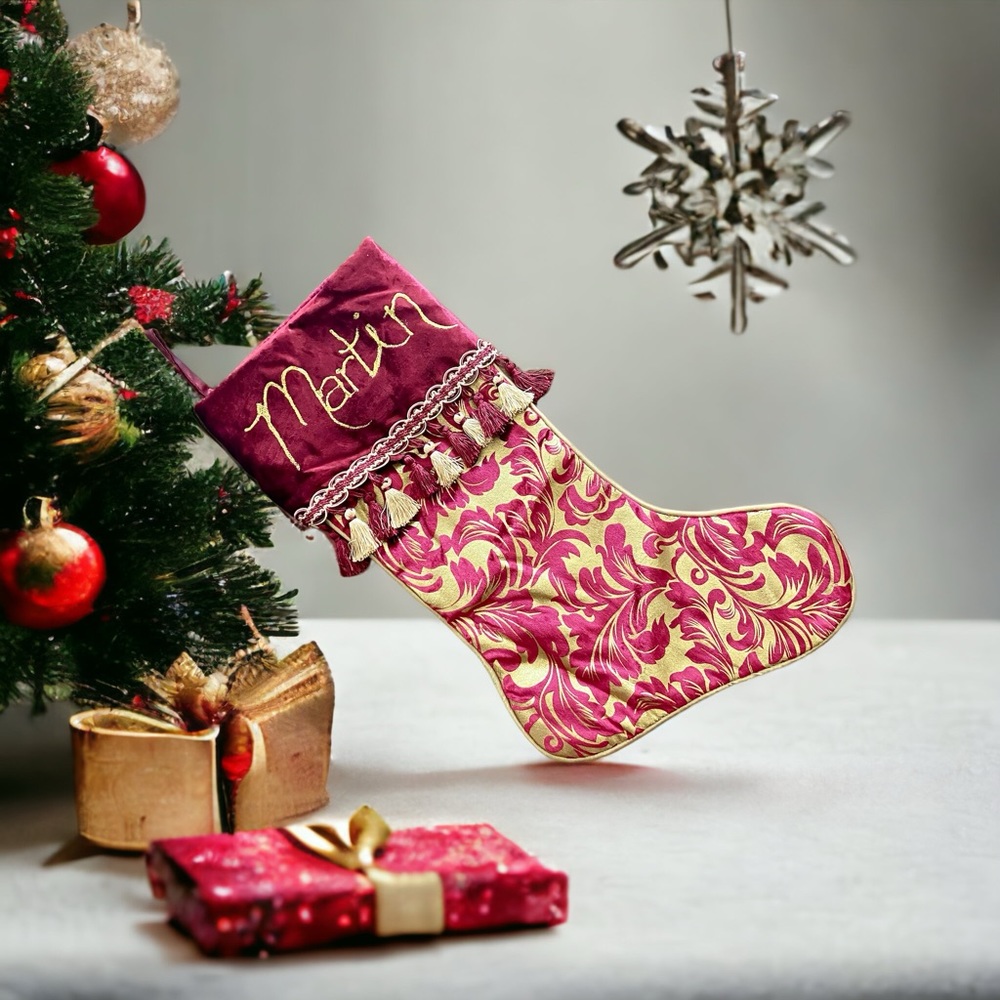 Personalized Christmas stocking “Martin” burgundy and gold with tassels.